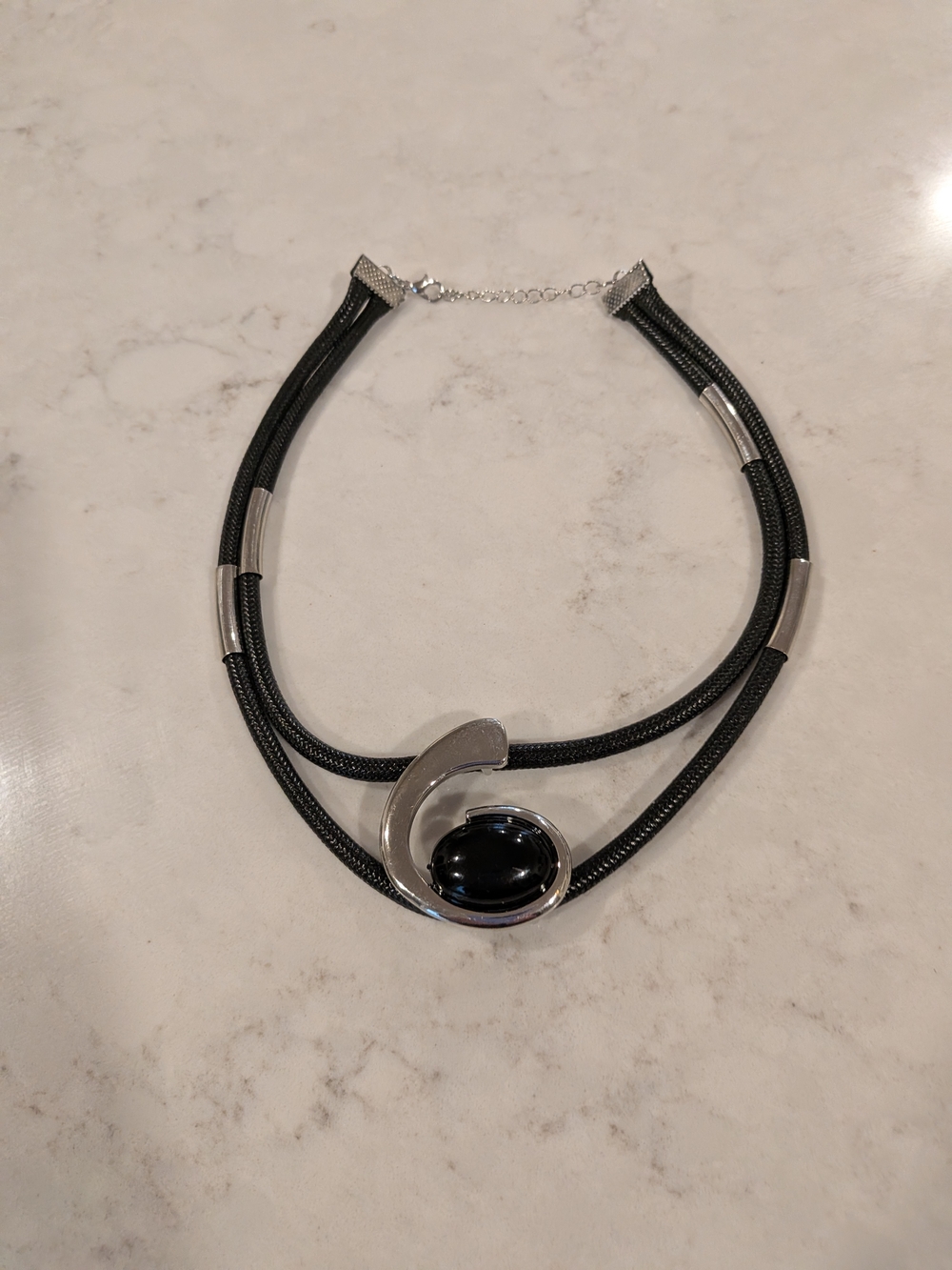 Contemporary Black Cord Necklace with Silver Accent
